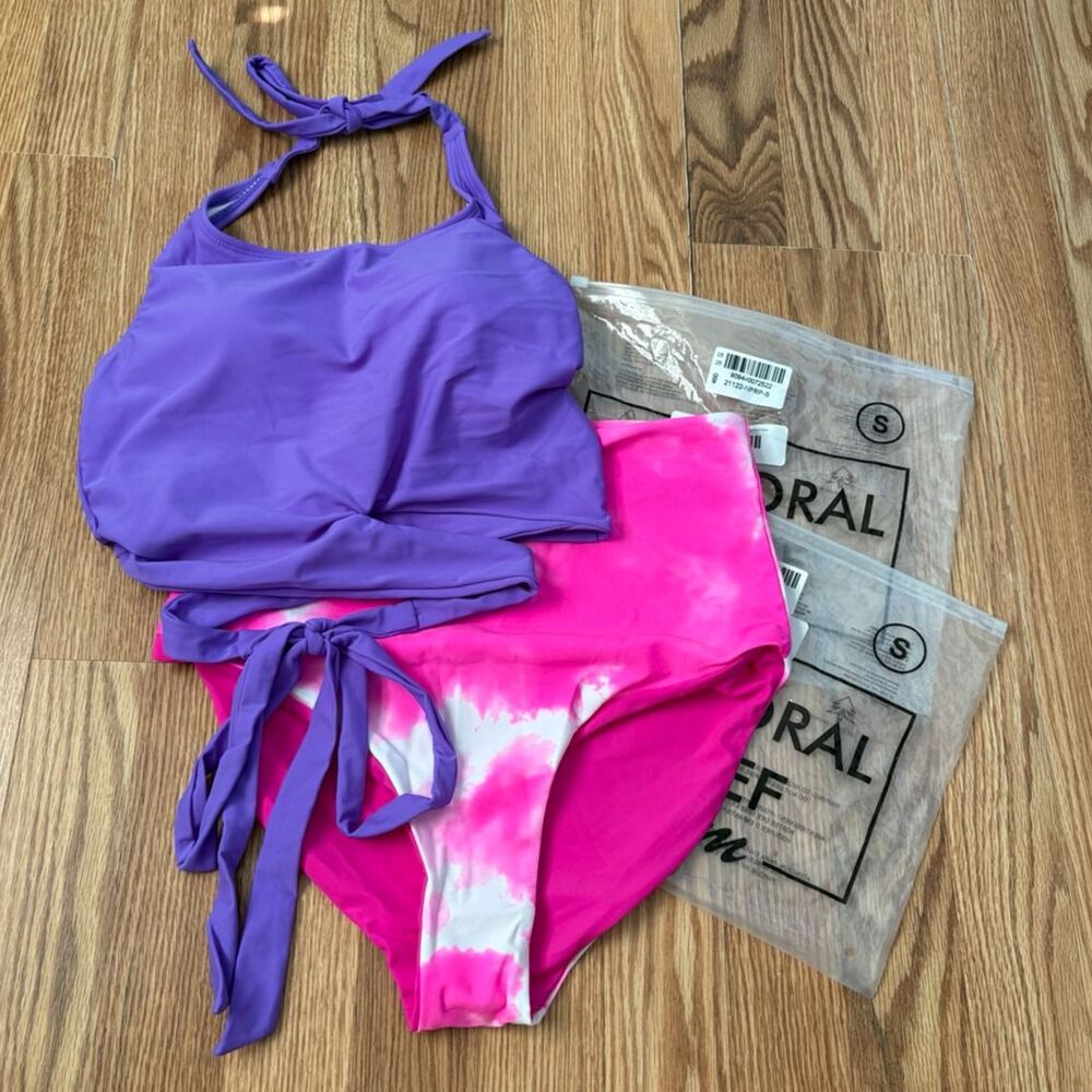 Swimsuit bathing suit two piece tankini halter wrap tie high rise tie dye purple